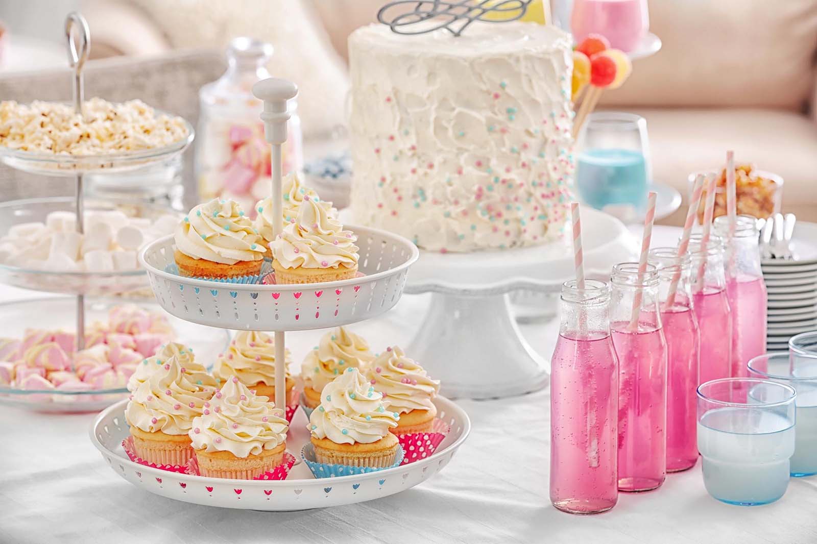 baby shower food ideas - colorful photo of cupcakes and cake