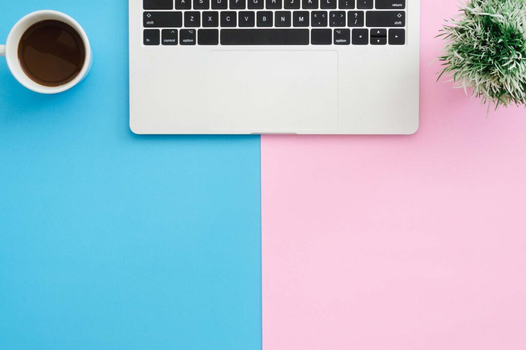 virtual gender reveal - laptop on blue pink